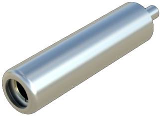 Silver-grey metal cylinder, shimmering, with an opening at one end, potentially a technical component or tool.