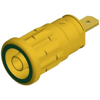 Yellow electrical plug with a ribbed casing, a black sealing ring at the opening, and a flat plug contact.
