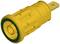 Yellow electrical plug with a ribbed casing, a black sealing ring at the opening, and a flat plug contact.