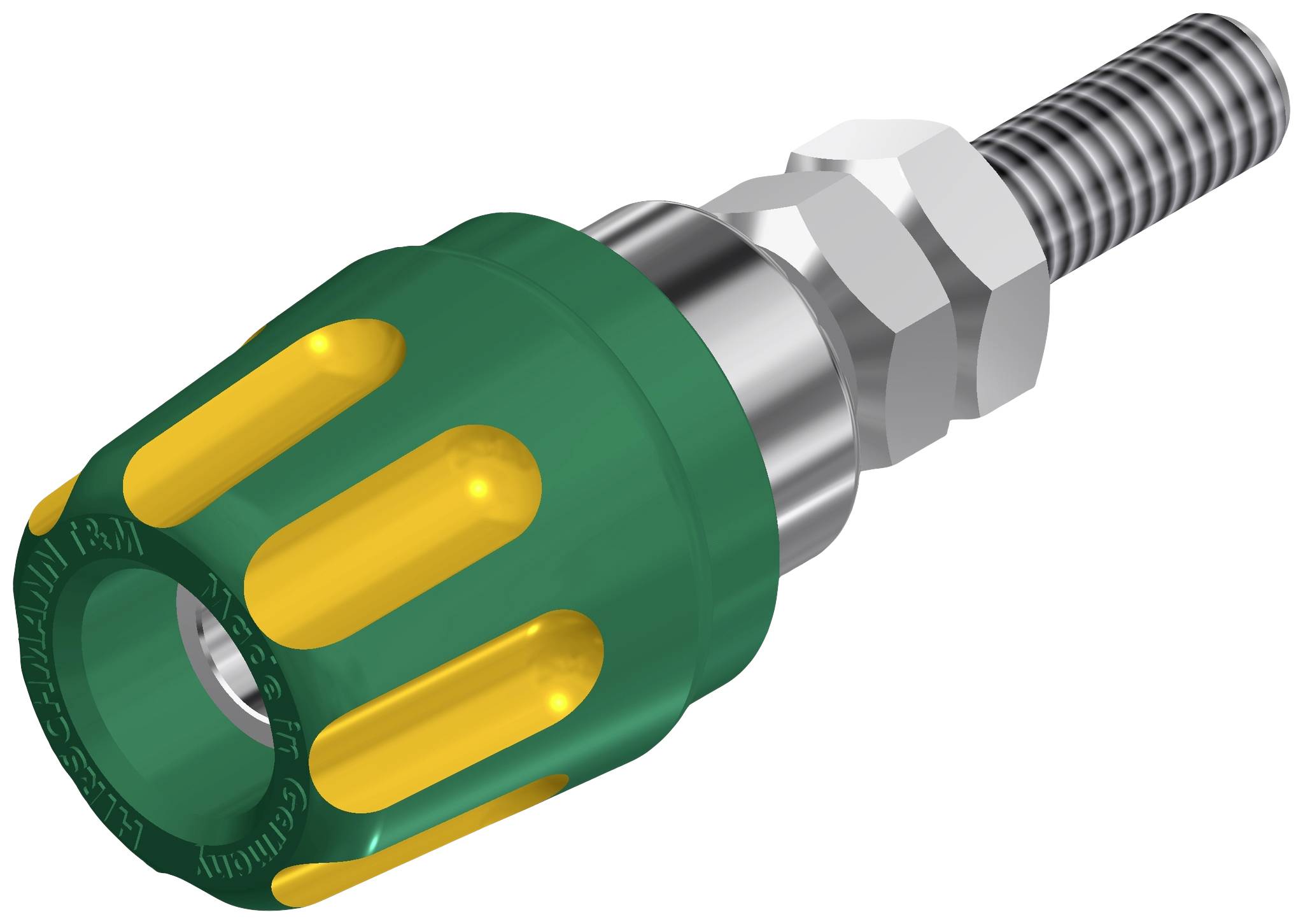 Fastening element with a green head, yellow details, and metal threading. Used in mechanical applications for securing components.