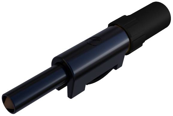 A black, cylindrical connector with a smooth surface and a ribbed end for easy handling.