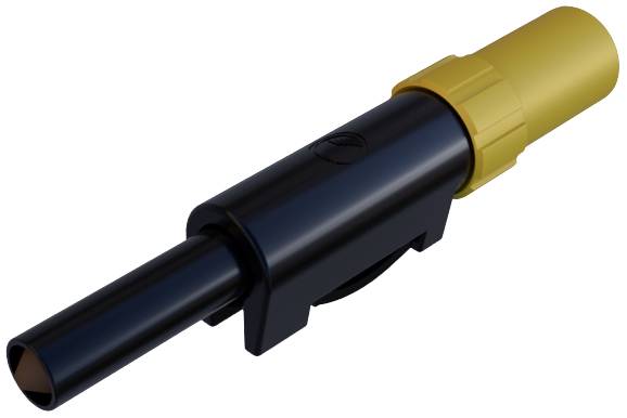 Black and yellow cylindrical connector, primarily used in electronic or electrical applications.