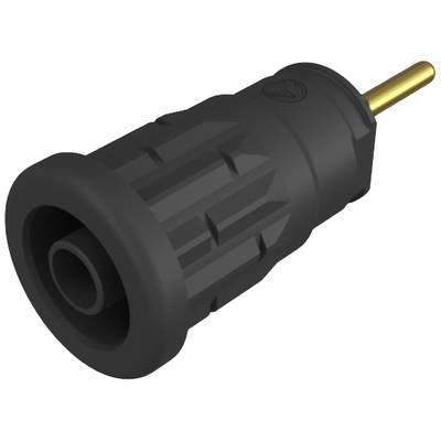 Black speaker plug with a knurled grip and gold-plated metal tip, used for connecting audio cables to devices.