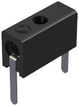 A black electric component adapter with two metal connectors and a hole in the centre.