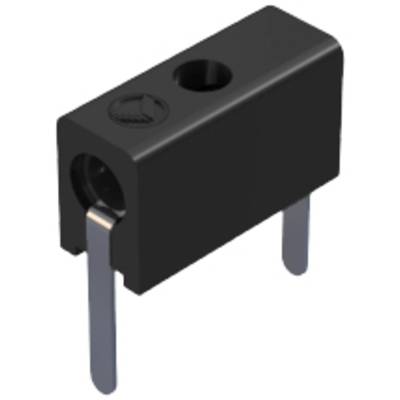 A black electric component adapter with two metal connectors and a hole in the centre.