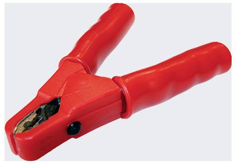 Red alligator clip with textured handle, used for electrical connections.
