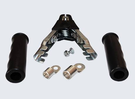 Motorcycle clutch lever assembly with two black handle grips, silver metal connectors, and screws, arranged on a gray background.