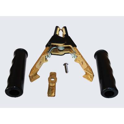 A brass gas cylinder connector clamp lies disassembled, with black handles, a screw, and additional components arranged on a gray background.