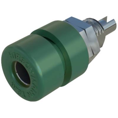 A green, cylindrical hydraulic quick-release coupling with a metallic connector and internal thread, viewed from a side perspective.