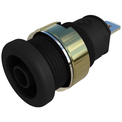 A black, cylindrical push button with a gold-coloured mounting and a blue electrical connection at the end.