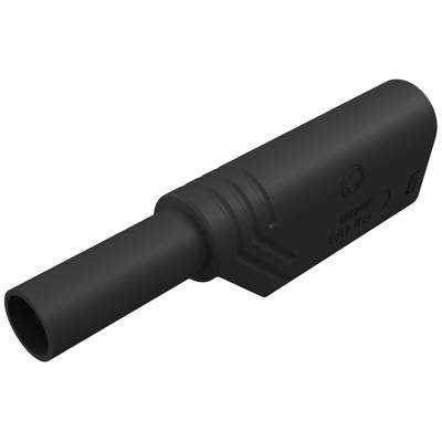 A black cylindrical plug with a ribbed surface. It has a round opening at one end and a flat end with markings.