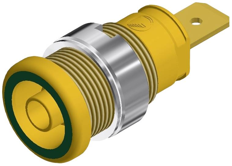 A yellow socket with a metal thread and green sealing ring, suitable for electrical connections.