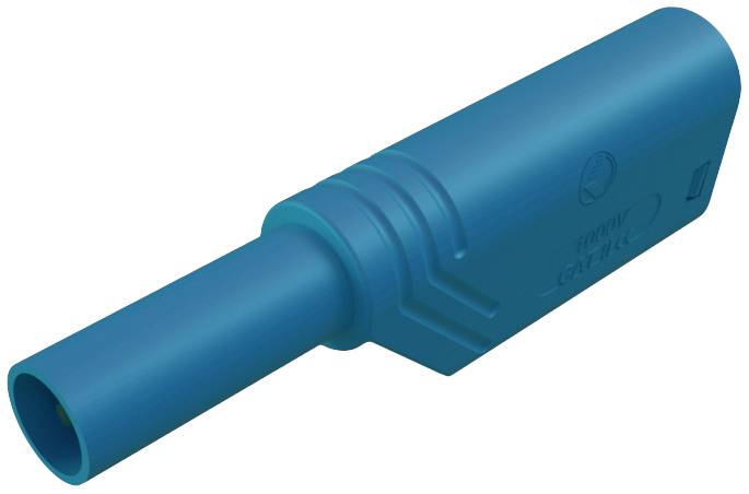 A blue plastic plug with a cylindrical shape and a ribbed surface, commonly used in electrical connections.