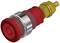 Red emergency stop switch for machinery, cylindrical shape, with silver ring and yellow connection, side view.