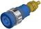 A blue pneumatic push button with a metal stem and golden mounting element.