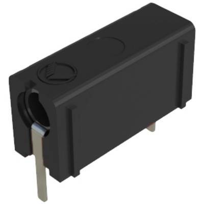 Black electronic connector with two metal pins for printed circuit board mounting.