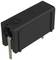 Black electronic connector with two metal pins for printed circuit board mounting.