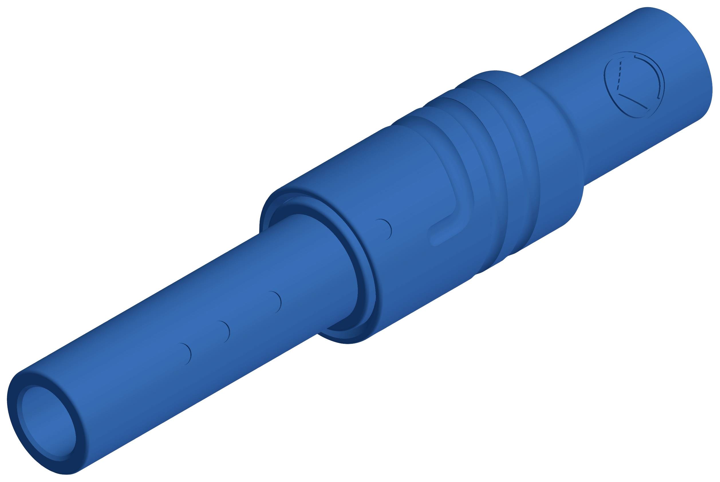 Blue cylindrical connector comprising a long and a short section. Both ends are open.