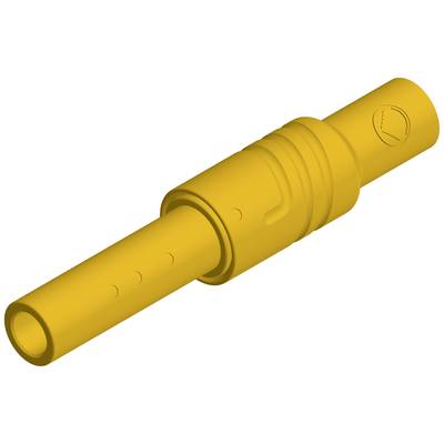 Yellow plastic plug with cylindrical shape and grooves, suitable for electrical connection and insulation.