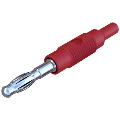 Red banana plug with metallic contact, commonly used in electronic applications for secure electrical connection.