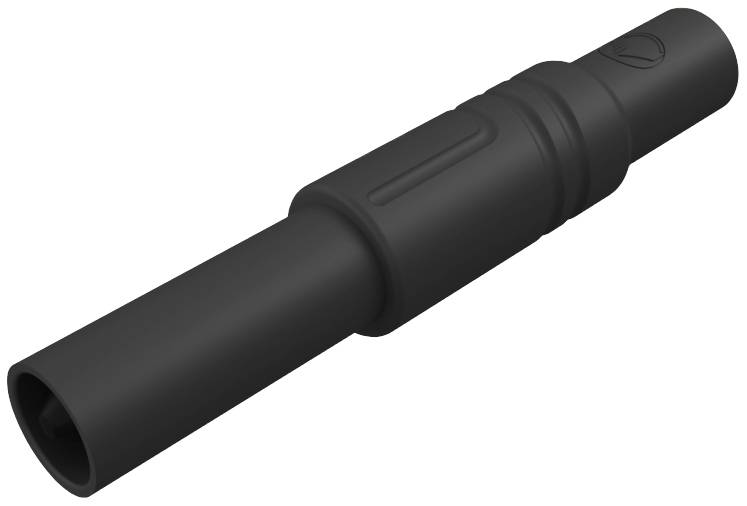 Black, cylindrical connector element with a ribbed section, thickened in the middle, for technical applications.