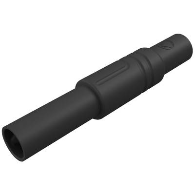 Black, cylindrical connector element with a ribbed section, thickened in the middle, for technical applications.