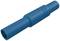 A blue plastic hose connector, cylindrical in shape, with ribbed details and slightly tapering ends.
