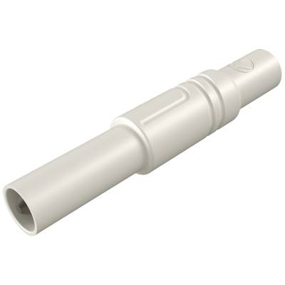 A cylindrical plastic pipe with connecting elements in the middle, suitable for use in sanitary systems.