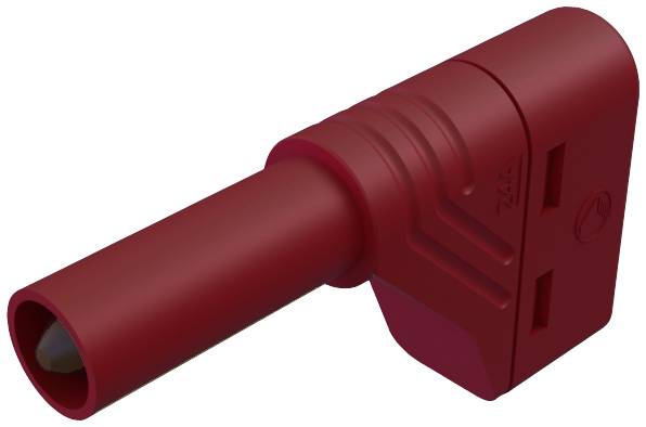 Red, right-angled socket adapter with two socket openings, suitable for electrical connections.