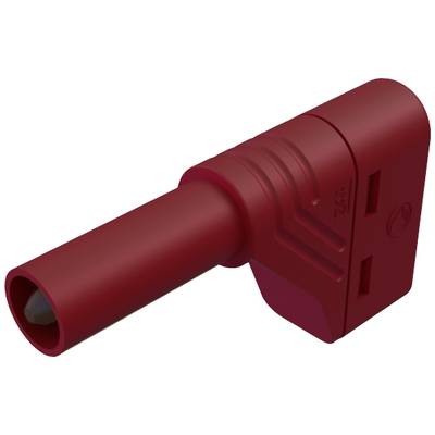 Red, right-angled socket adapter with two socket openings, suitable for electrical connections.