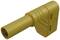 Golden L-shaped plug with two socket openings and a round handle, suitable for specific electrical connections.