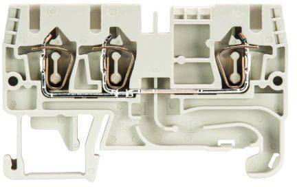 A white electrical terminal block with two metal contacts and a structured plastic housing for connecting electrical cables.