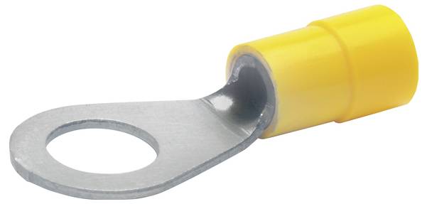 A yellow insulated ring terminal used for securing electrical wires, featuring a metal loop for attaching to a screw or bolt.