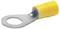 A yellow insulated ring terminal used for securing electrical wires, featuring a metal loop for attaching to a screw or bolt.