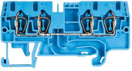Blue electrical terminal block with four terminals and wires for connecting and organising electrical circuits.