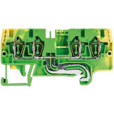 Electronic circuit board with green and yellow wiring. Four metal contacts are visible.