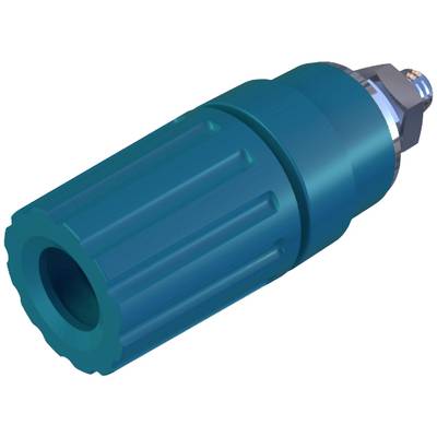 A blue, ribbed plastic screw cap with a metal thread at the top, possibly part of a technical device.