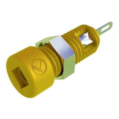 Yellow round LED holder with threaded screw and metal contact, suitable for electronic installations.