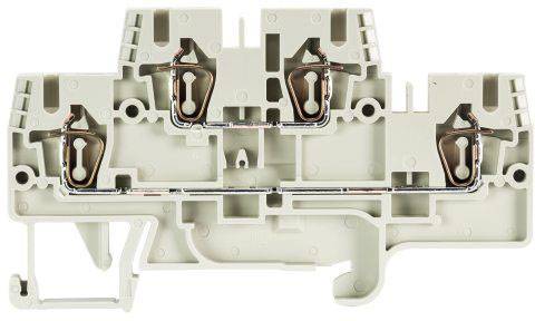 A white electrical terminal block with two copper connections in the centre, suitable for DIN rail mounting in electrical control cabinets.