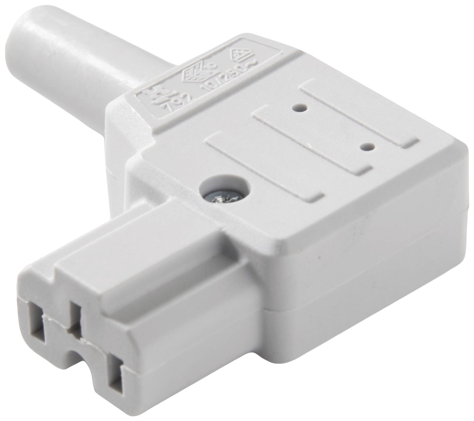 Grey electrical plug with a rectangular shape and a protruding connection. Top surface with detailed notches.