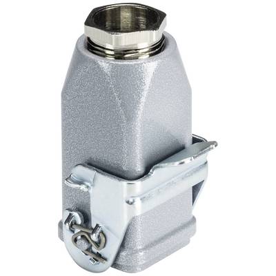 Grey, metallic connector with threading on the top surface and mounting clips on the sides, for industrial applications.