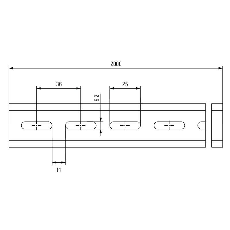 Technical drawing of a metal profile with dimensions: Total length 2000 mm, width 36 mm, hole width 25 mm, hole height 11 mm, spacing 52 mm.