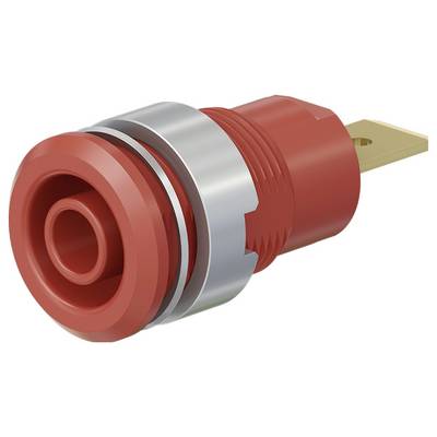 Red banana socket with robust metal threading and insulation for electrical connections, suitable for audio or measuring equipment.