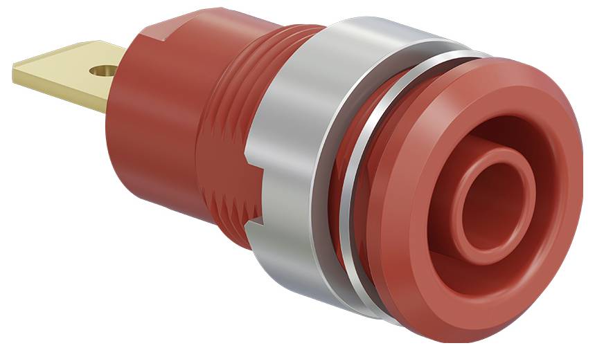 Red banana socket with metal rings, lying sideways. It serves as a connection for electrical connections.