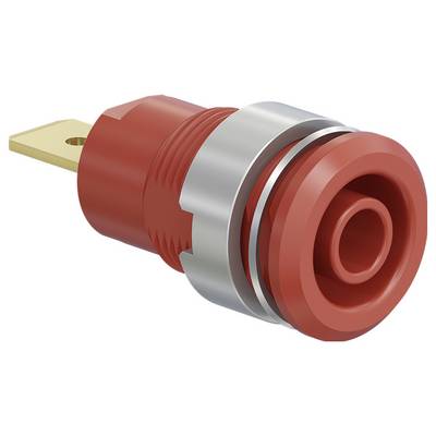Red banana socket with metal rings, lying sideways. It serves as a connection for electrical connections.