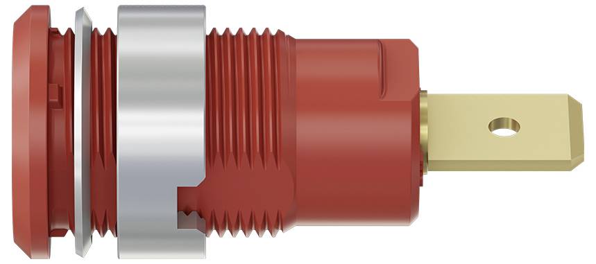 Red plastic socket coupling with silver metal nut and gold-coloured connection terminal, side view.