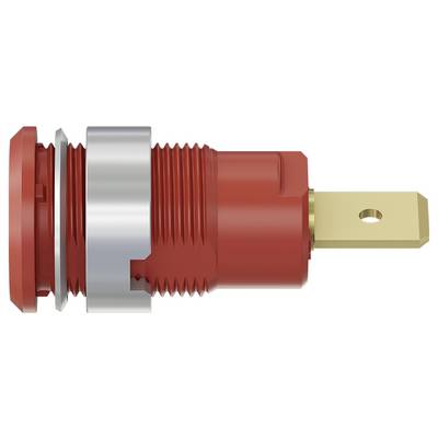 Red plastic socket coupling with silver metal nut and gold-coloured connection terminal, side view.