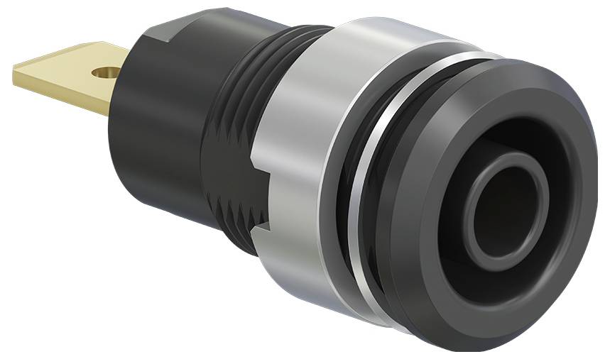 A round electric plug with a black plastic body, a silver metal ring, and a golden connector.