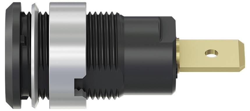 A black, cylindrical button with a silver rim and a golden connection pin, presumably an electronic component.