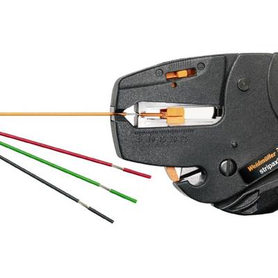 Wire strippers carefully strip red, green and black cables, demonstrating a precise cable stripping process for electrical applications.